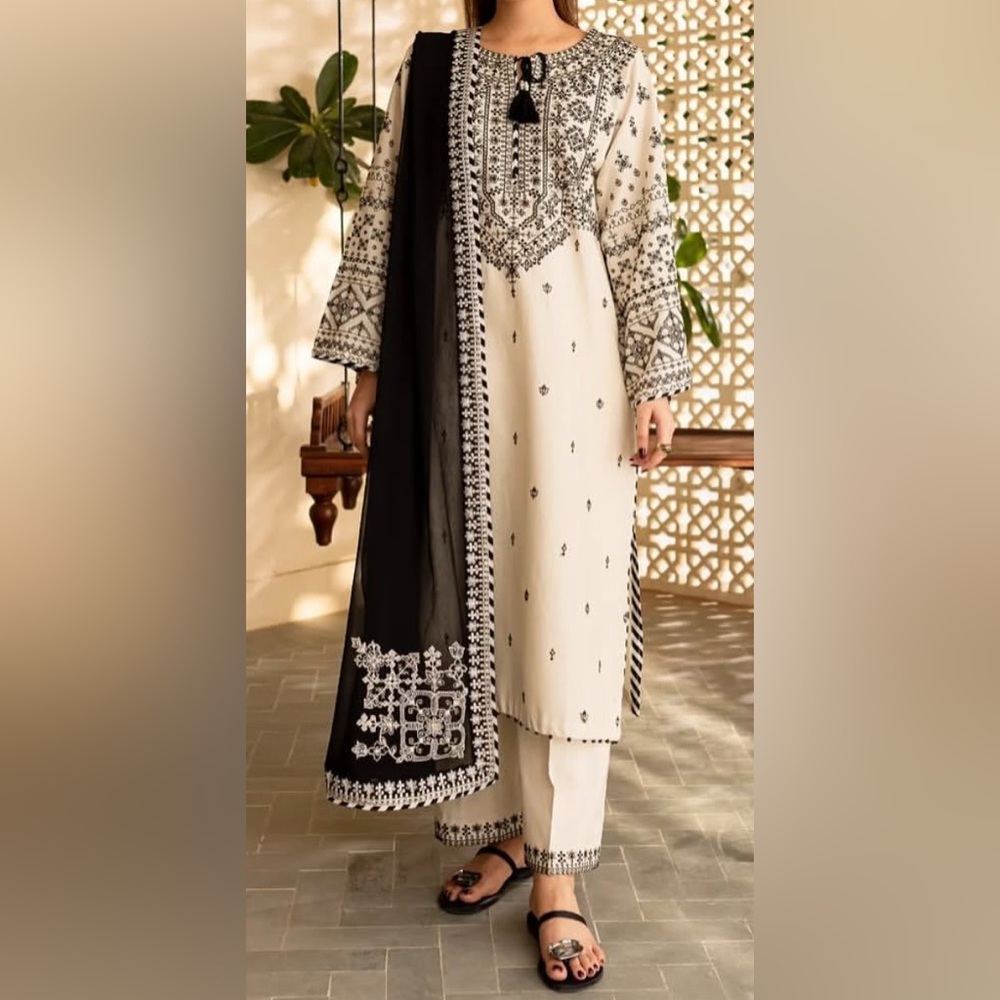 Elegant Black and White Embroidered Dress